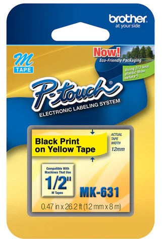 Brother MK TAPES - NON-LAMINATED 8m x 12mm Black on Yellow